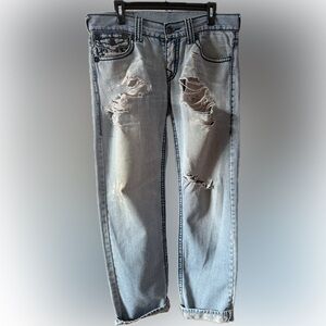 Men’s Designer Inspired Ripped Denim Jeans size 34 length 42” without cuffs.